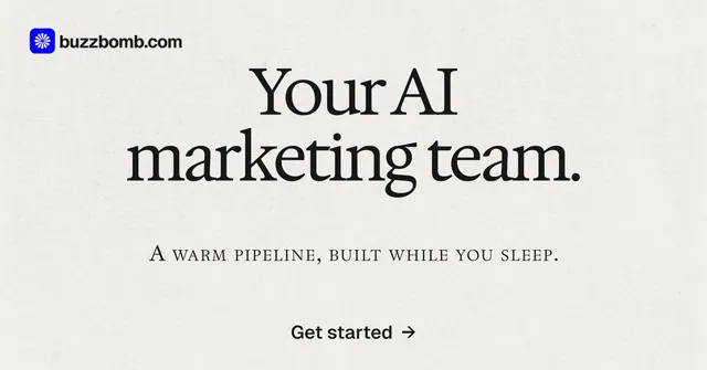 Social ad for BuzzBomb: "Your AI marketing team." Swiss style, smallcaps layout, light palette in white, grey.