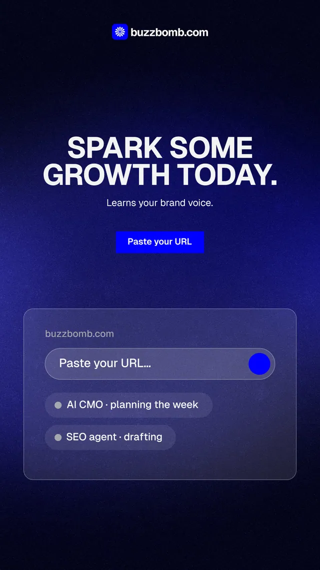 Instagram story for BuzzBomb: "Spark some growth today." Swiss style, centred layout, dark palette in black, blue.