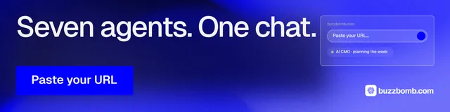 LinkedIn banner for BuzzBomb: "Seven agents. One chat." Swiss style, skeleton layout, dark palette in blue.