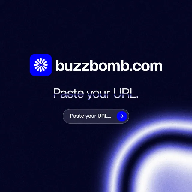 Instagram post for BuzzBomb: "Paste your URL." Agentic glass style, logo hero layout, dark palette in black, blue.