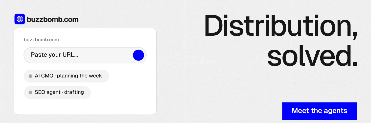 X header for BuzzBomb: "Distribution, solved." Swiss style, right layout, light palette in white, blue.