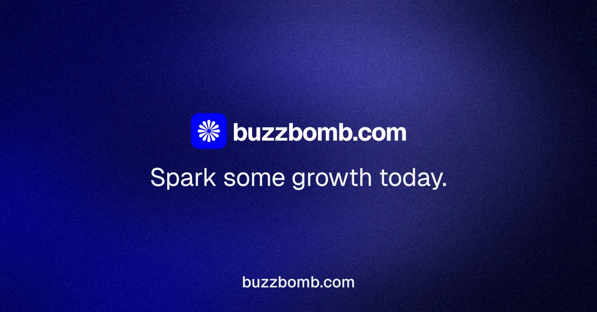 Social ad for BuzzBomb: "Spark some growth today." Agentic glass style, end card layout, dark palette in blue.