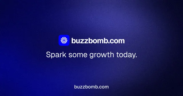 Social ad for BuzzBomb: "Spark some growth today." Agentic glass style, end card layout, dark palette in blue.