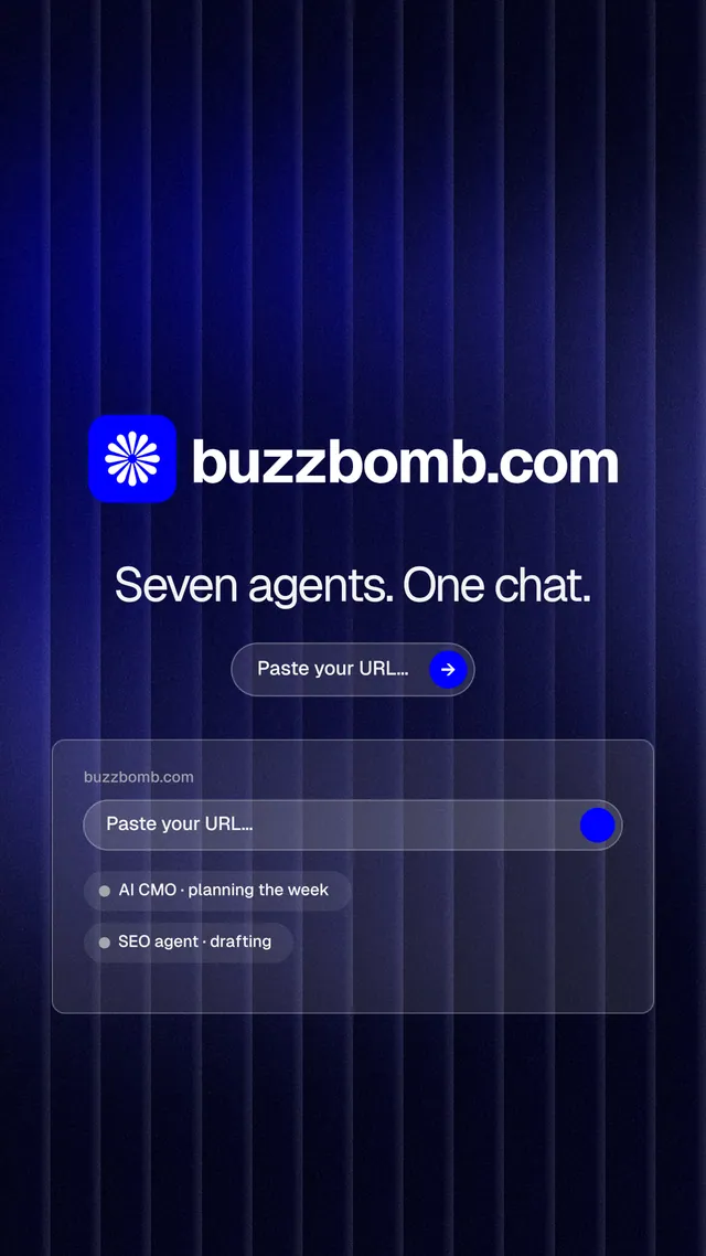 Instagram story for BuzzBomb: "Seven agents. One chat." Agentic glass style, logo hero layout, dark palette in black, blue.