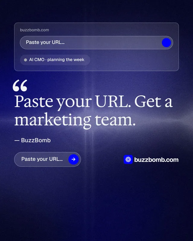 Instagram portrait post for BuzzBomb: "Your AI marketing team." Agentic glass style, quote layout, dark palette in black, blue.