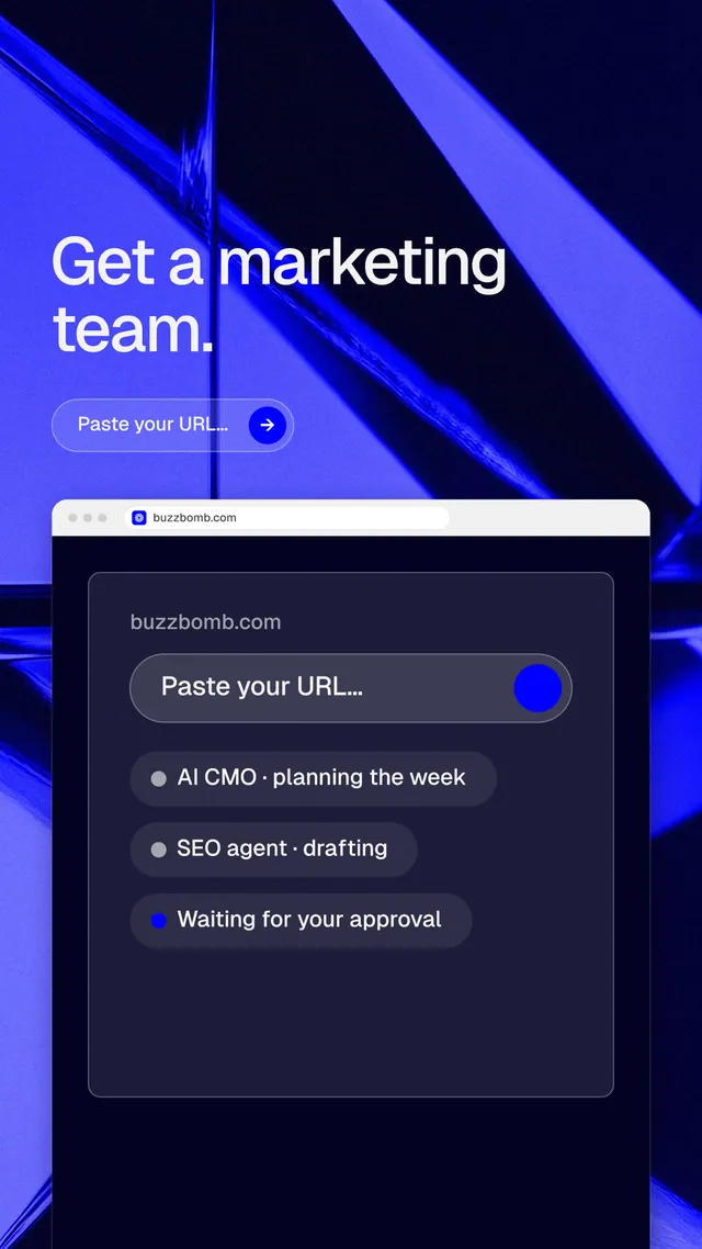 Instagram story for BuzzBomb: "Get a marketing team." Agentic glass style, browser layout, dark palette in black, blue.