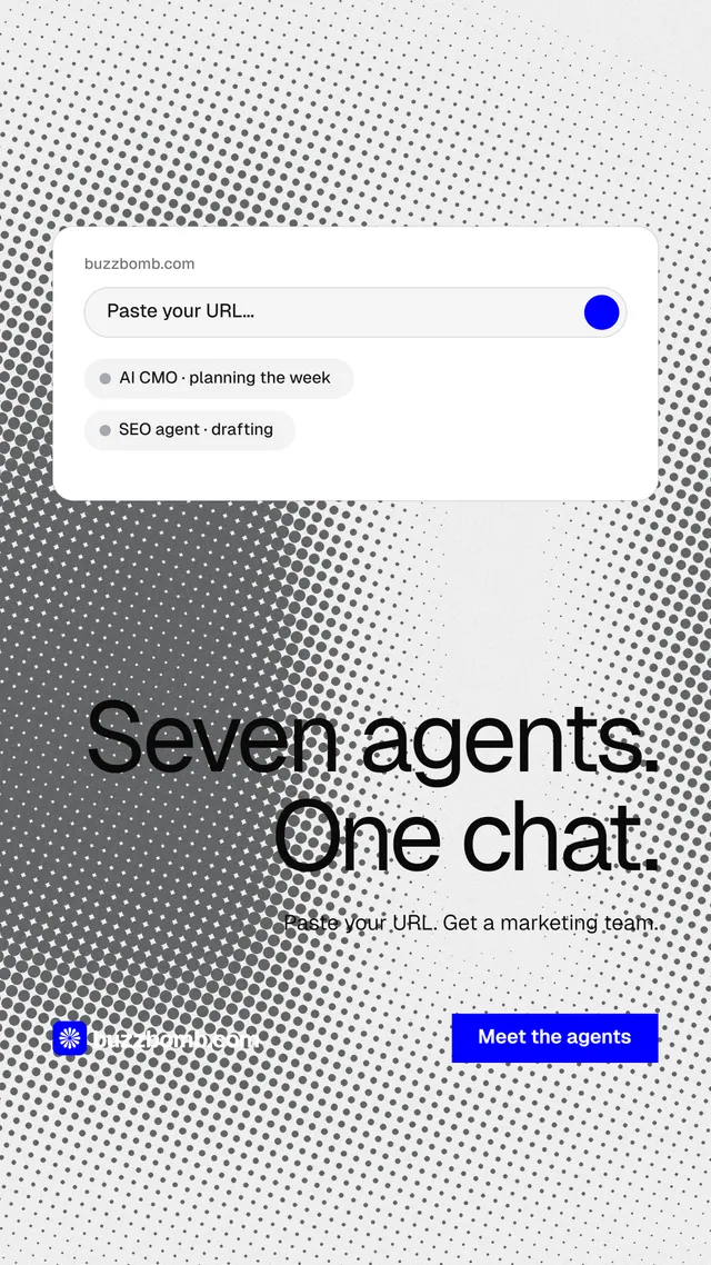 Instagram story for BuzzBomb: "Seven agents. One chat." Split block style, right layout, light palette in white, grey.