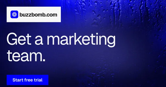 Social ad for BuzzBomb: "Get a marketing team." Swiss style, announce layout, dark palette in blue.