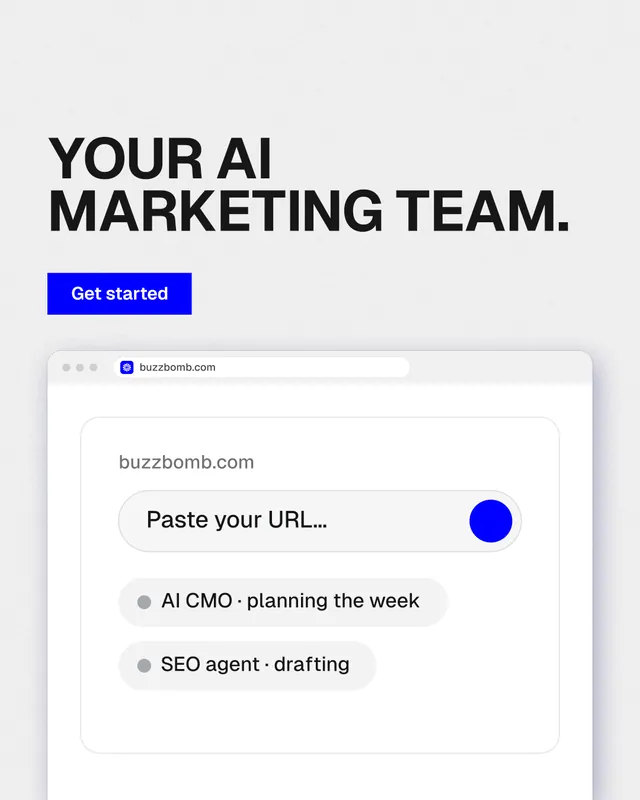Instagram portrait post for BuzzBomb: "Your AI marketing team." Swiss style, browser layout, light palette in white, grey.