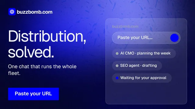 Landscape graphic for BuzzBomb: "Distribution, solved." Swiss style, bottom layout, dark palette in blue.