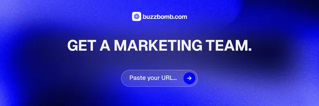 X header for BuzzBomb: "Get a marketing team." Agentic glass style, centred layout, dark palette in blue.