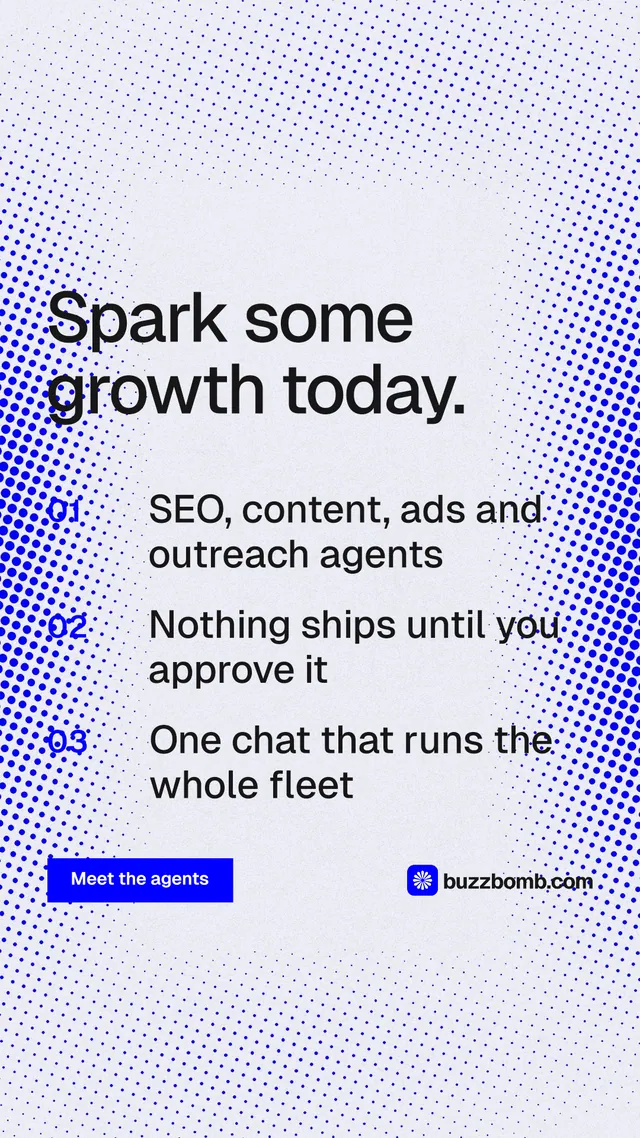 Instagram story for BuzzBomb: "Spark some growth today." Swiss style, numbered layout, light palette in white, blue.