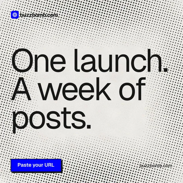 Instagram post for BuzzBomb: "One launch. A week of posts." Brutalist style, poster layout, light palette in grey, white.