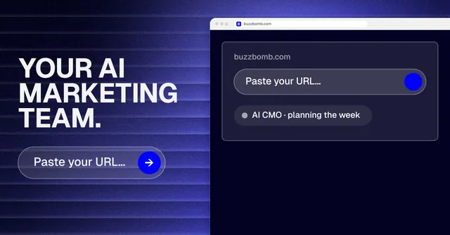 Social ad for BuzzBomb: "Your AI marketing team." Agentic glass style, browser layout, dark palette in blue, black.