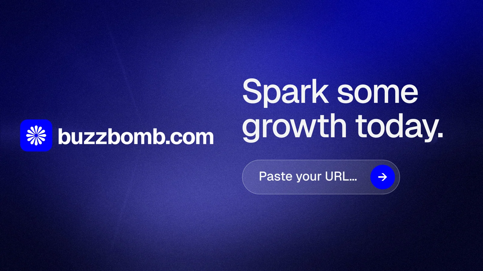 Landscape graphic for BuzzBomb: "Spark some growth today." Agentic glass style, logo hero layout, dark palette in black, blue.