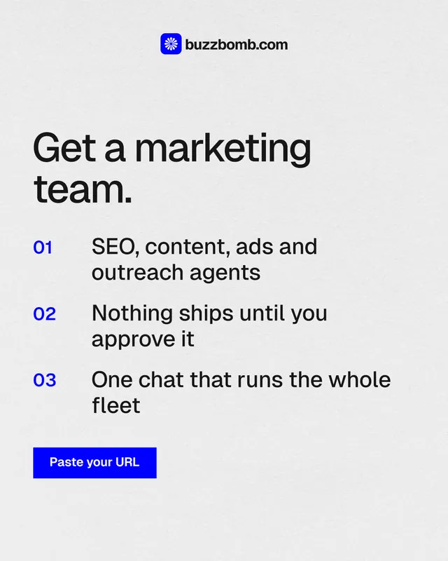 Instagram portrait post for BuzzBomb: "Get a marketing team." Swiss style, numbered layout, light palette in white, grey.