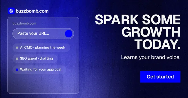 Social ad for BuzzBomb: "Spark some growth today." Swiss style, right layout, dark palette in black, blue.
