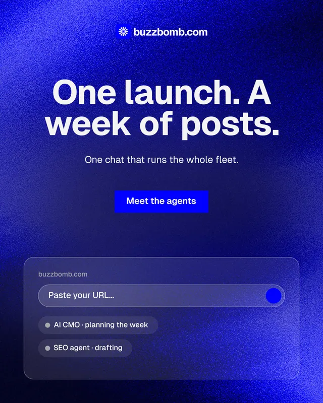 Instagram portrait post for BuzzBomb: "One launch. A week of posts." Swiss style, centred layout, dark palette in blue.