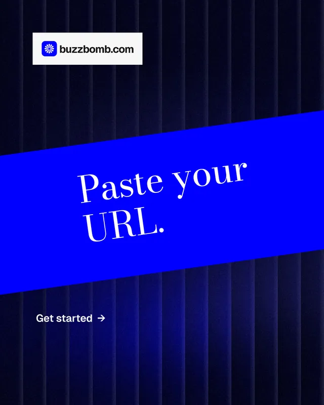 Instagram portrait post for BuzzBomb: "Paste your URL." Minimal luxury style, diagonal layout, dark palette in black, blue.