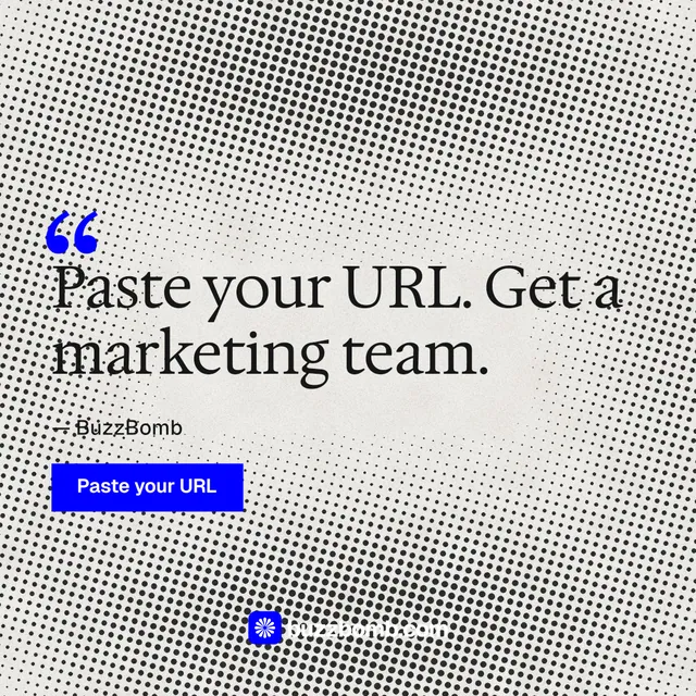 Instagram post for BuzzBomb: "Get a marketing team." Swiss style, quote layout, light palette in grey, white.