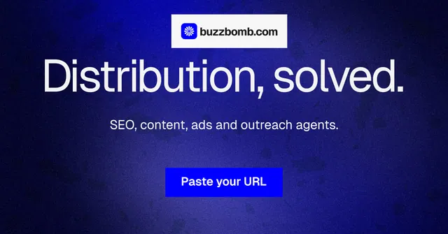 Social ad for BuzzBomb: "Distribution, solved." Swiss style, centred layout, dark palette in black, blue.