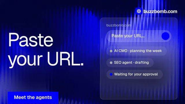 Landscape graphic for BuzzBomb: "Paste your URL." Swiss style, bottom layout, dark palette in blue.