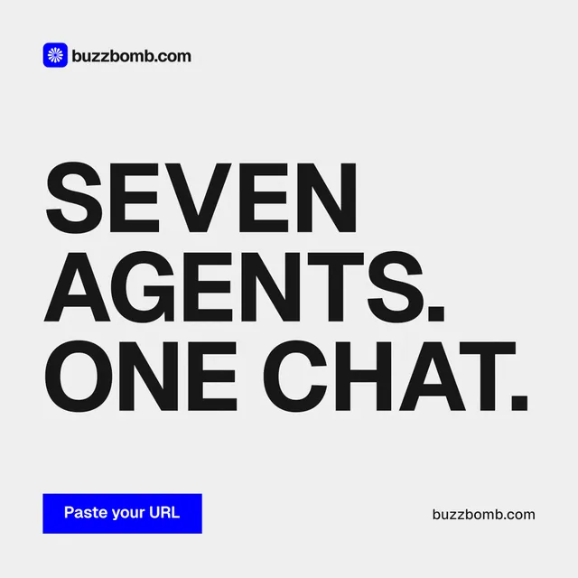Instagram post for BuzzBomb: "Seven agents. One chat." Swiss style, poster layout, light palette in white, grey.