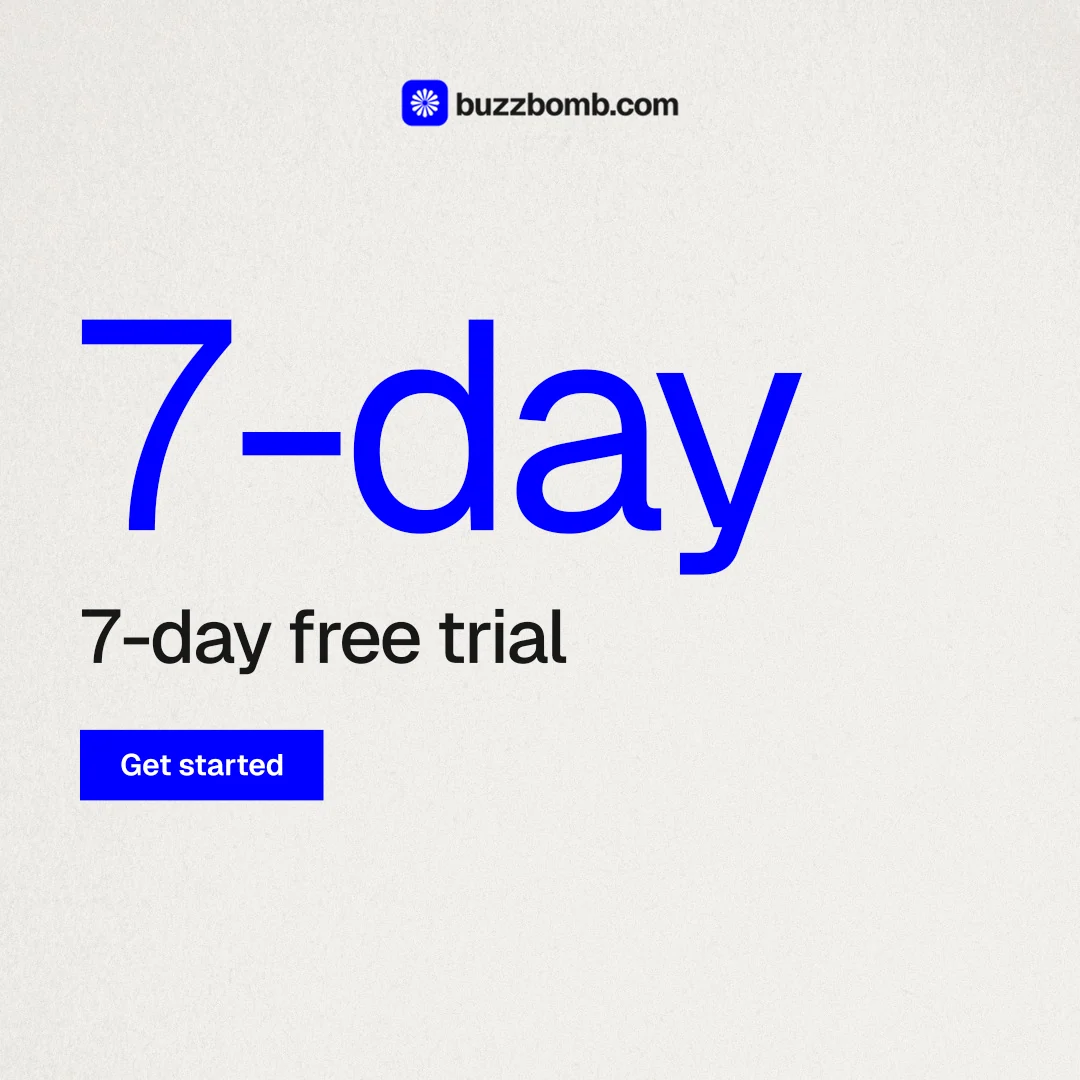 Instagram post for BuzzBomb: "Paste your URL." Swiss style, stat layout, light palette in white, blue.