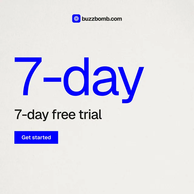 Instagram post for BuzzBomb: "Paste your URL." Swiss style, stat layout, light palette in white, blue.