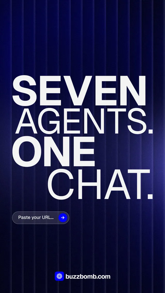 Instagram story for BuzzBomb: "Seven agents. One chat." Agentic glass style, stacked layout, dark palette in blue, black, grey.