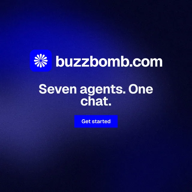 Instagram post for BuzzBomb: "Seven agents. One chat." Swiss style, logo hero layout, dark palette in black, blue.