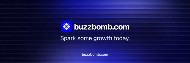 X header for BuzzBomb: "Spark some growth today." Minimal luxury style, end card layout, dark palette in blue, black.