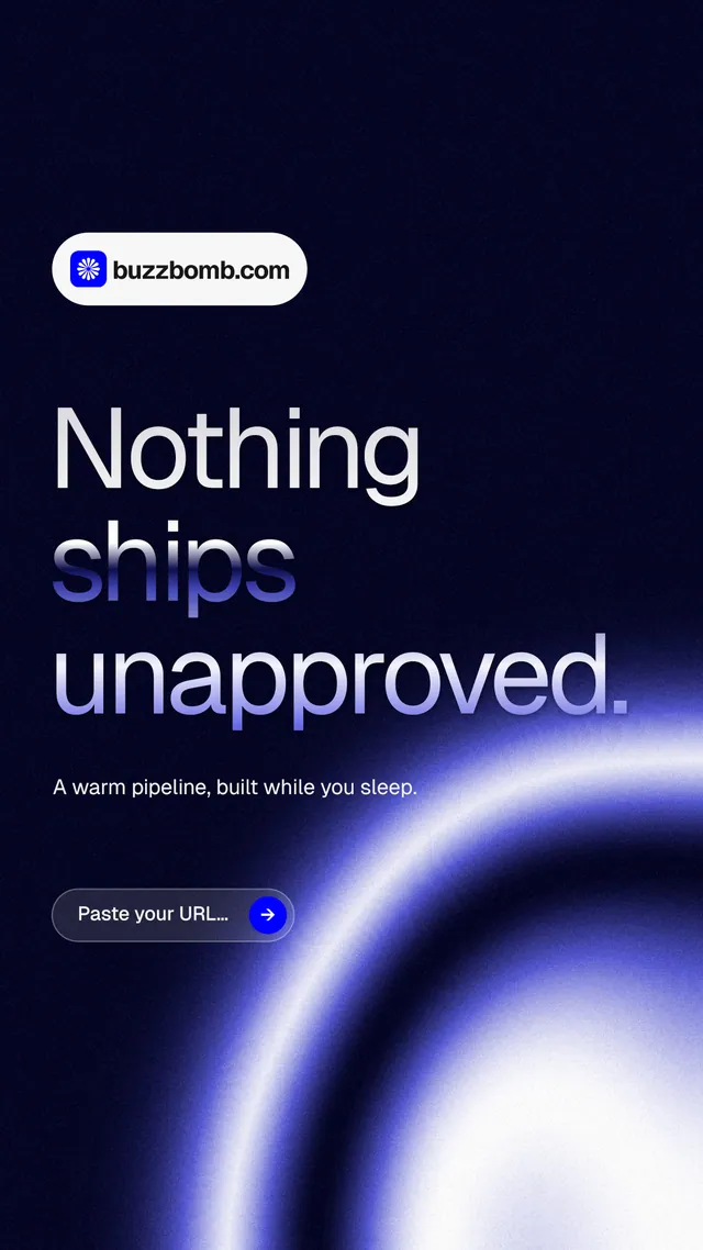 Instagram story for BuzzBomb: "Nothing ships unapproved." Agentic glass style, announce layout, dark palette in black, blue.
