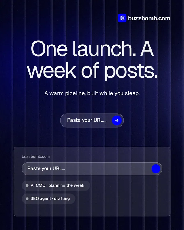 Instagram portrait post for BuzzBomb: "One launch. A week of posts." Agentic glass style, centred layout, dark palette in blue, black, grey.