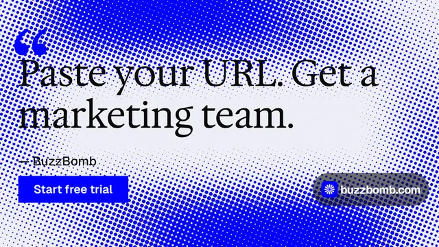 Landscape graphic for BuzzBomb: "Paste your URL." Swiss style, quote layout, light palette in blue, white.