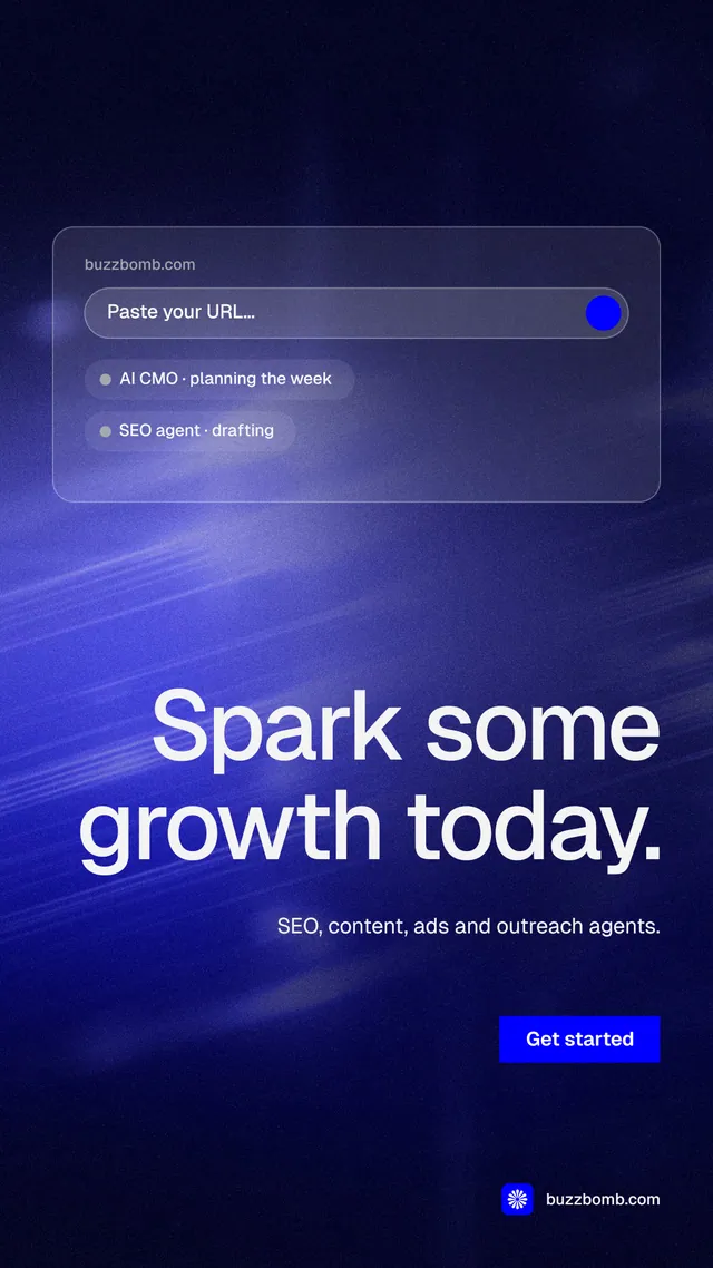 Instagram story for BuzzBomb: "Spark some growth today." Swiss style, right layout, dark palette in black, blue.