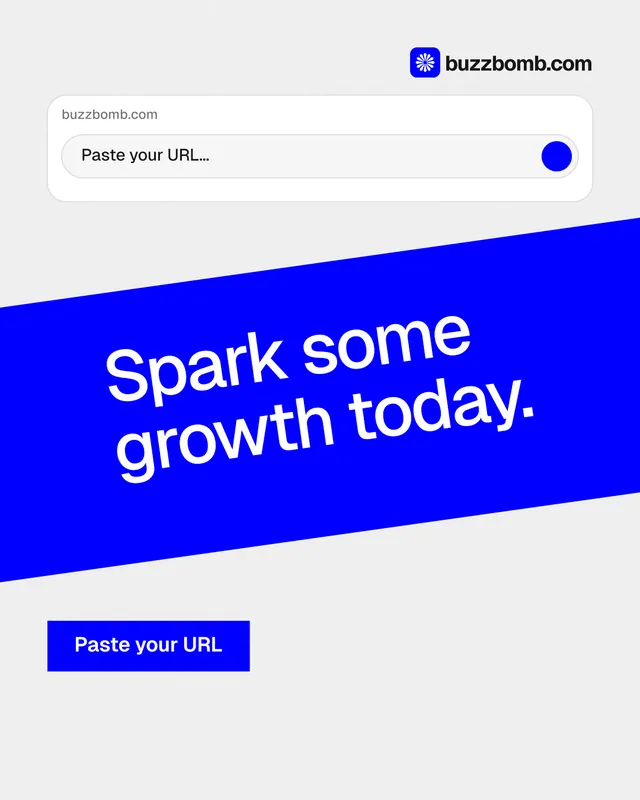 Instagram portrait post for BuzzBomb: "Spark some growth today." Swiss style, diagonal layout, light palette in white, blue.