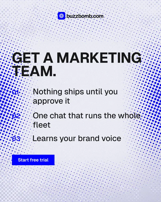 Instagram portrait post for BuzzBomb: "Get a marketing team." Swiss style, numbered layout, light palette in blue, white.