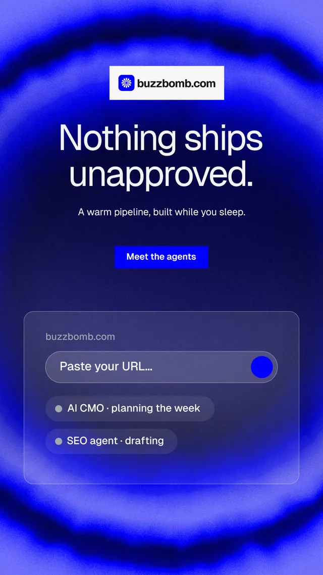 Instagram story for BuzzBomb: "Nothing ships unapproved." Swiss style, centred layout, dark palette in blue.