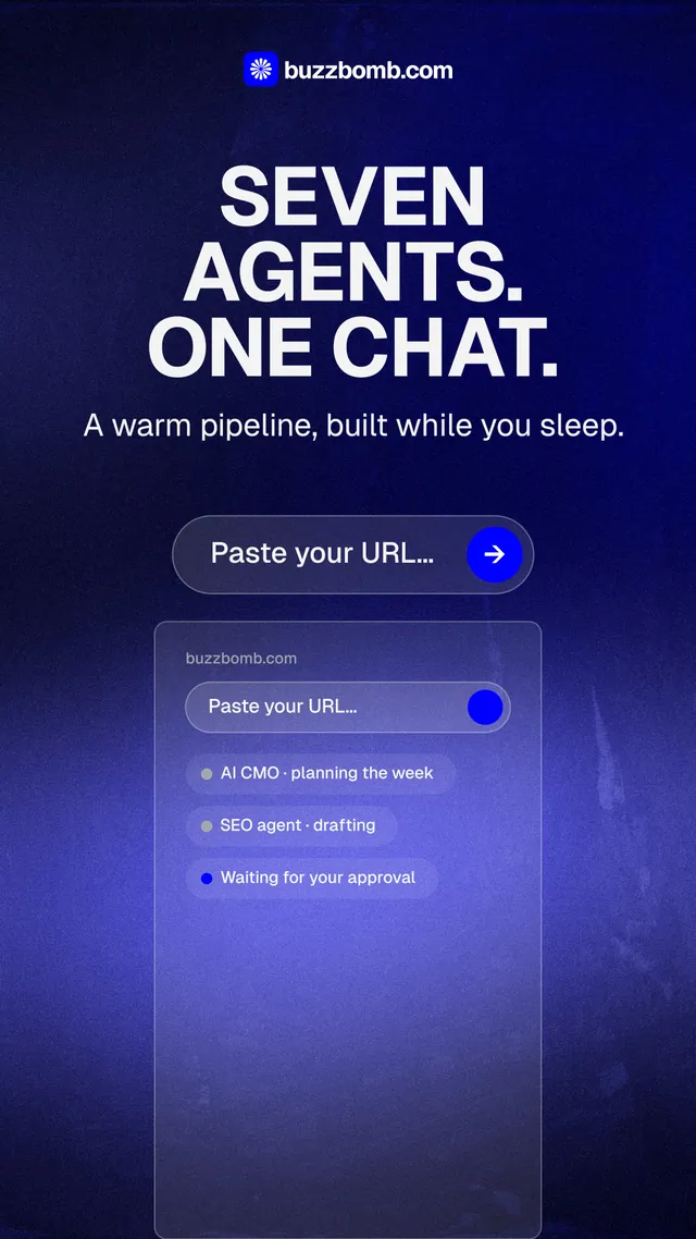 Instagram story for BuzzBomb: "Seven agents. One chat." Agentic glass style, skeleton layout, dark palette in blue.