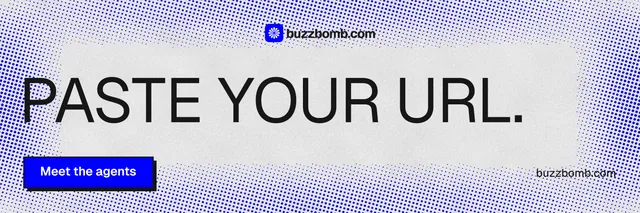 X header for BuzzBomb: "Paste your URL." Brutalist style, poster layout, light palette in blue, white.
