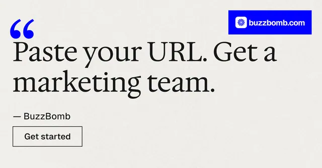 Social ad for BuzzBomb: "Your AI marketing team." Editorial style, quote layout, light palette in white, blue.