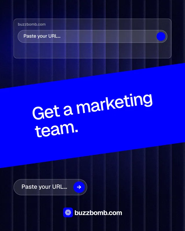 Instagram portrait post for BuzzBomb: "Get a marketing team." Agentic glass style, diagonal layout, dark palette in black, blue.
