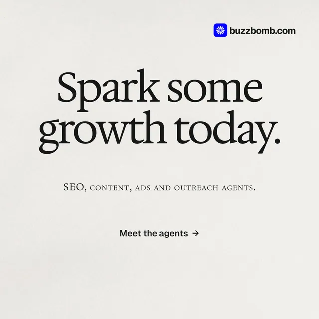 Instagram post for BuzzBomb: "Spark some growth today." Swiss style, smallcaps layout, light palette in white, grey.