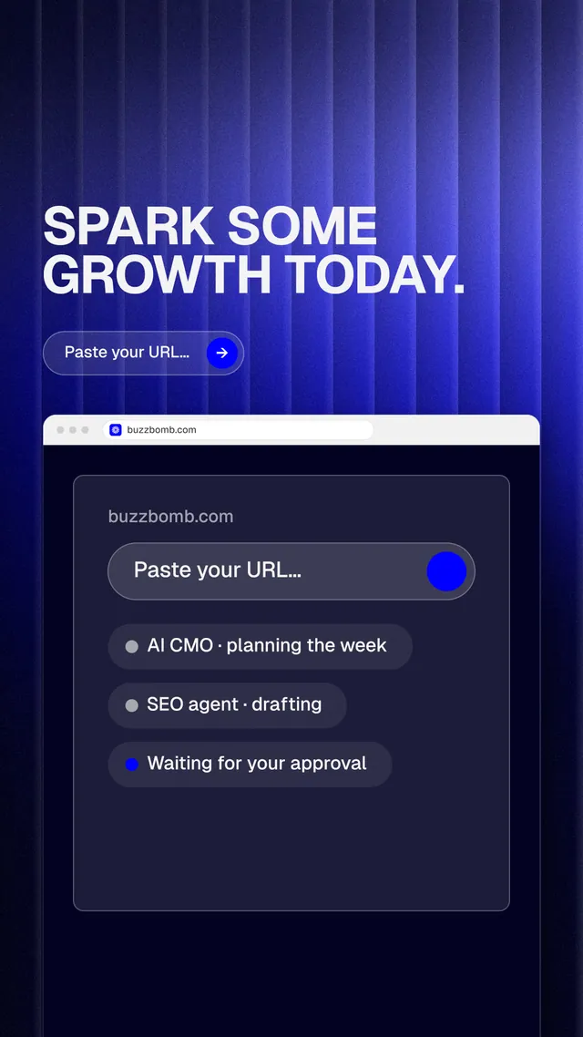 Instagram story for BuzzBomb: "Spark some growth today." Agentic glass style, browser layout, dark palette in blue, black.