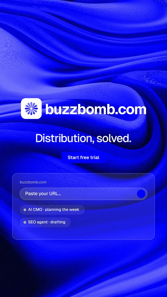 Instagram story for BuzzBomb: "Distribution, solved." Swiss style, logo hero layout, dark palette in blue.