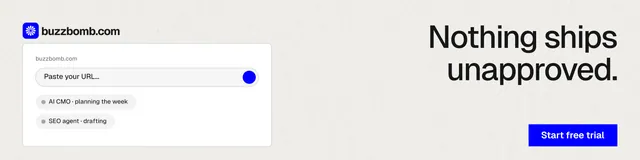 LinkedIn banner for BuzzBomb: "Nothing ships unapproved." Swiss style, right layout, light palette in white, blue.