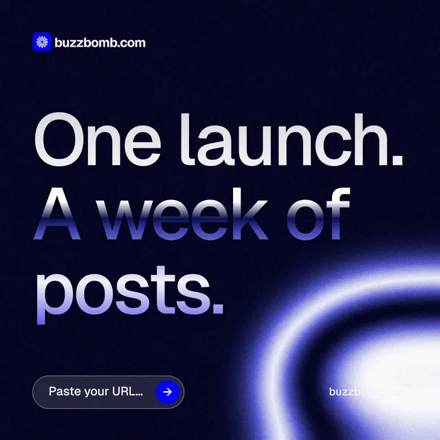 Instagram post for BuzzBomb: "One launch. A week of posts." Agentic glass style, poster layout, dark palette in black, blue.