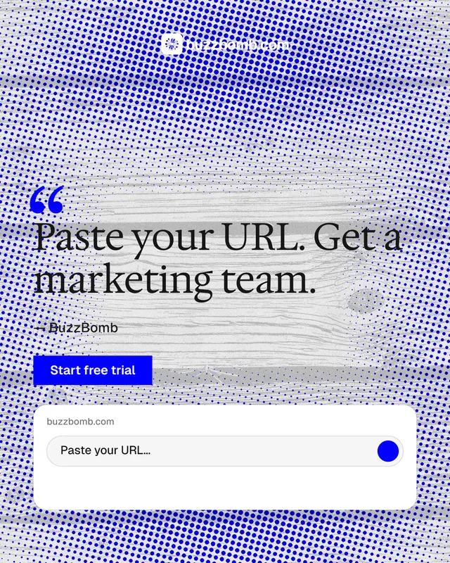 Instagram portrait post for BuzzBomb: "Your AI marketing team." Swiss style, quote layout, light palette in blue, white.