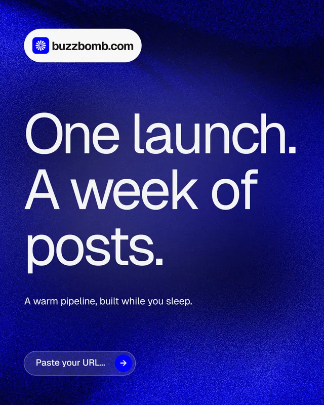 Instagram portrait post for BuzzBomb: "One launch. A week of posts." Agentic glass style, announce layout, dark palette in blue.
